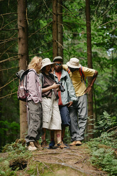 Vertical shot of diverse young adult friends hiking in forest and looking at camera screen together, perfect for outdoor recreation and eco tourism marketing campaigns