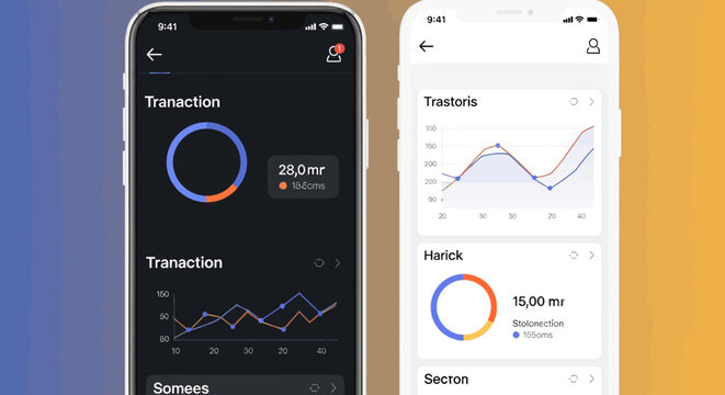 Transaction tracking mobile application interface. Dark mode and light theme smartphone dashboard. Analytics graph and circular progress chart design. Financial app UI kit with statistical data