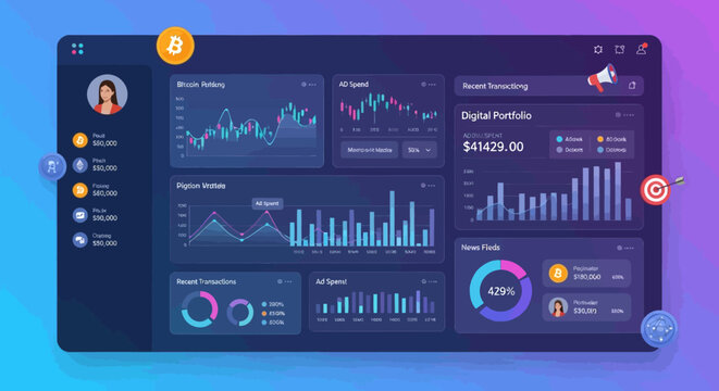 Crypto trading dashboard, modern web app UI with financial charts, cryptocurrency portfolio analytics, business statistics vector illustration, data visualization interface