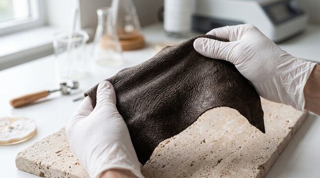 Scientist holding a piece of lab grown eco friendly vegan mycelium leather