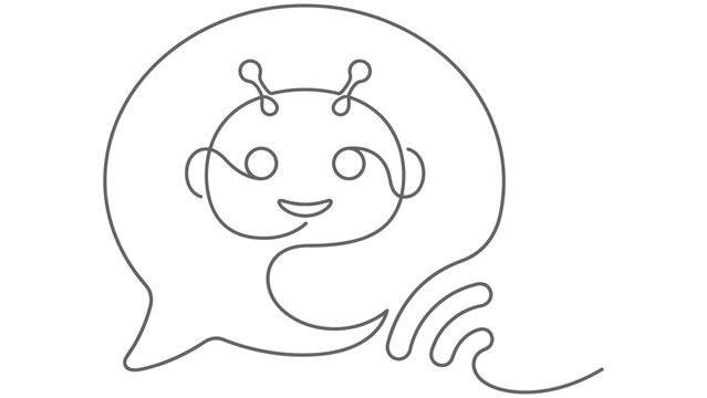 Continuous line of a smiling robot head inside a speech bubble with a wireless signal isolated on a white background