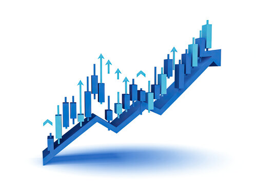 3 d rendered financial growth chart with upward trending arrows and blue cubes