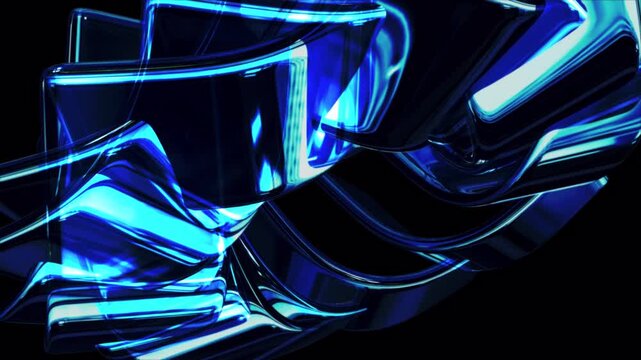 Abstract Dynamic Blue Glass Shapes Flowing Through Dark Space with Reflective Surface Textures and Modern Digital Motion Background