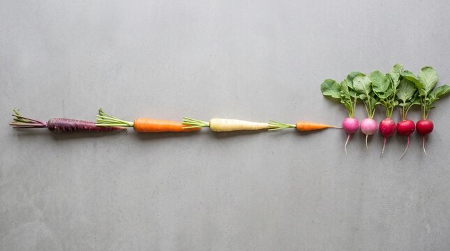 Fresh colorful carrots and red radishes arranged in a line on gray background