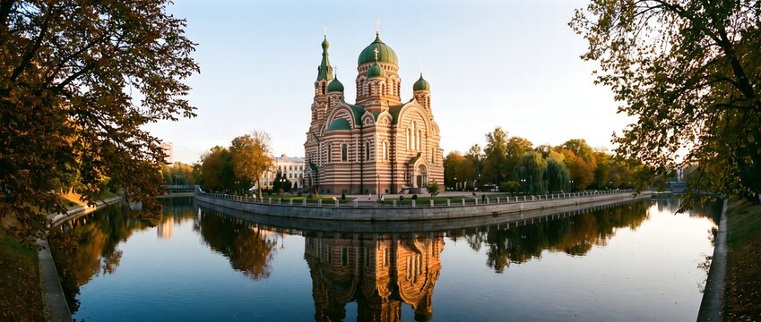 Orthodox cathedral reflected in calm water at sunset in Kharkiv, Ukraine