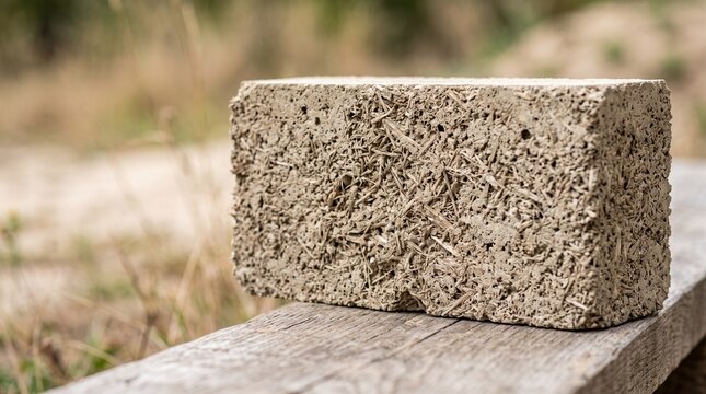 A single eco friendly mud and straw brick resting on a wooden board outdoors