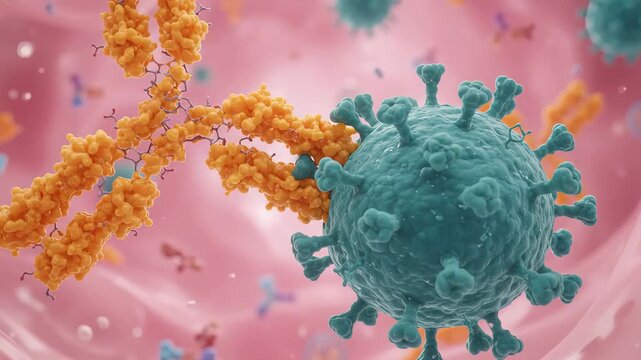 Detailed Illustration of Teal Virus Interacting with Binds Protein Structures in a Microscopic World