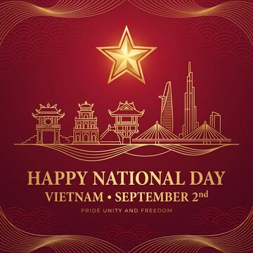 Vietnam national day celebration banner With Glowing Golden Landmark Skyline