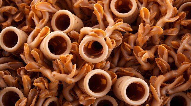 A Close-Up of a Pile of Brown and Tan Tubular Objects, Some Open at One End, Some Closed, Intertwined in a Random Pattern