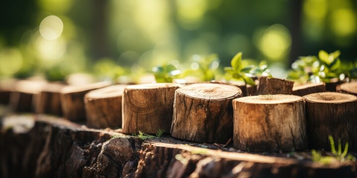 Closeup of a row of weathered tree stumps with green foliage in the background. The sun shines through the leaves, creating a warm, natural light.