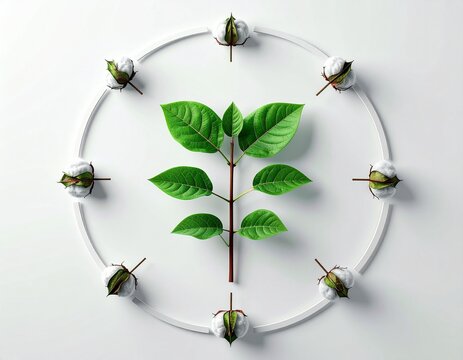 Circle of Growth: A vibrant green plant stem with leaves sits at the center of a circular frame, surrounded by cotton bolls, symbolizing nature's cycle and sustainable development.