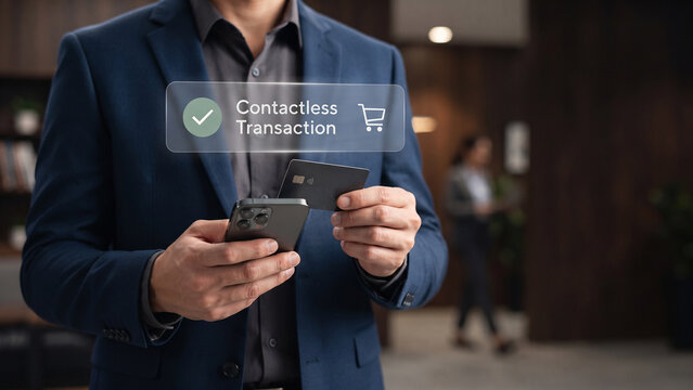 Businesswoman holding payment card and smartphone with contactless transaction secure checkout interface, showing mobile payment, digital transaction and shopping