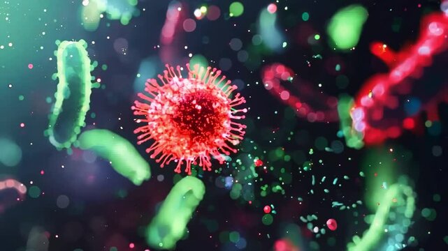 Microscopic bacteria and viruses in green and red under dark magnification, medical science concept, biology research, infection visualization, healthcare theme.