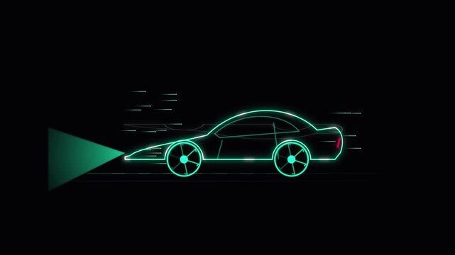 Black Car Icon on Black Background, Sleek Automobile Silhouette Symbol for Transportation, Automotive, Racing, Speed, Sport and Modern Vehicle Design