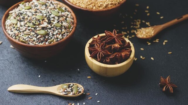 Bowls of mixed seeds and star anise on a dark background