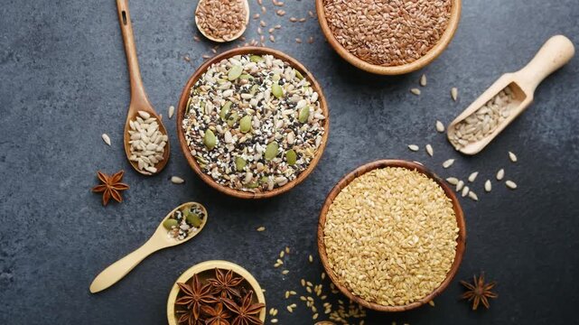 Assorted seeds in wooden bowls and spoons on a dark background
