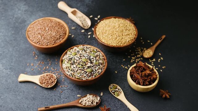 Wooden bowls and spoons filled with various seeds and star anise on dark background