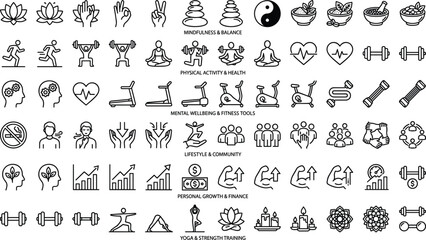 Fototapeta premium Comprehensive wellness and healthy lifestyle line icons set including yoga fitness nutrition mental health and personal growth vectors