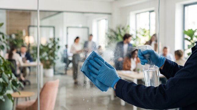 A professional cleaner wipes a glass office partition with a microfiber cloth