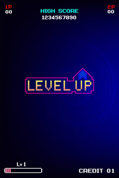 Level up! 8-bit pixel art, sci-fi retro futuristic background, vintage arcade computer game, vertical background.