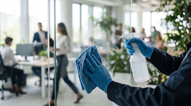 A professional cleaner wipes a glass office partition with a spray bottle