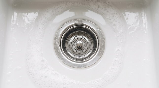 A close up view of a white kitchen sink drain with flowing water and soap bubbles