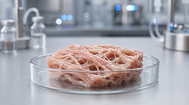 Cultured meat sample in a glass petri dish inside a modern laboratory
