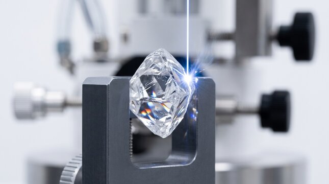Laser beam cutting a raw rough diamond held in a precision laboratory fixture