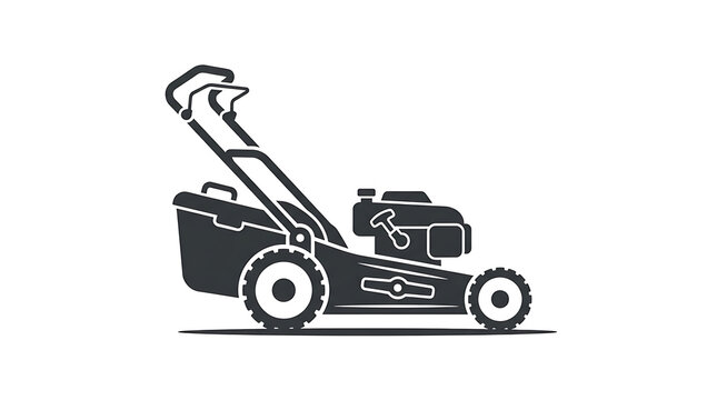 A black silhouette icon of a gas powered lawn mower isolated on a white background