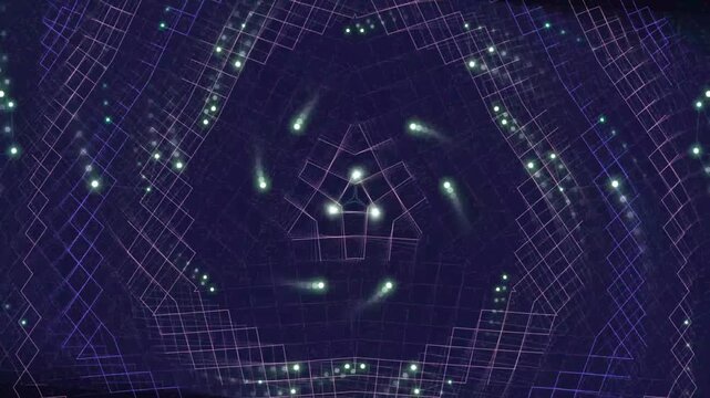 Abstract dark background with glowing geometric digital grid patterns and swirling luminous light particles in a futuristic motion vortex design