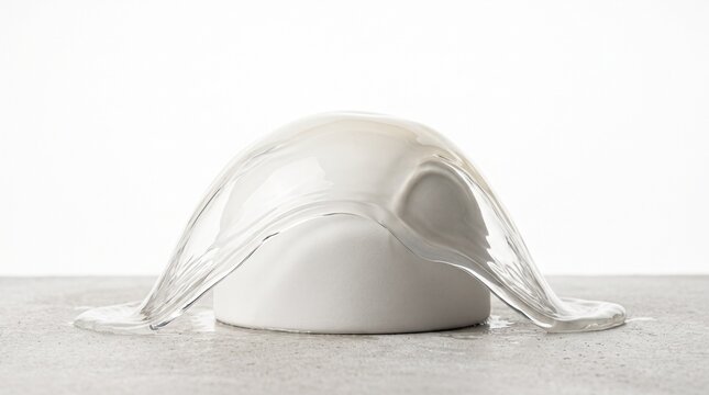 Clear liquid pouring over a white semi-circular ceramic object on a gray surface