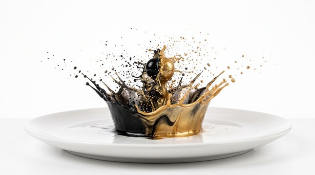 Abstract dynamic splash of black and gold liquid on a white ceramic plate