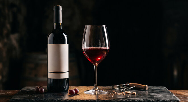Red wine bottle and glass on slate surface with corkscrew and grapes