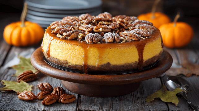 Pumpkin cheesecake with pecans and caramel on wooden table with pumpkins