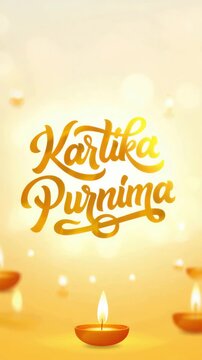 Golden kartika purnima typography with single glowing diya, hindu holiday greeting, minimal festive card for purnima observance