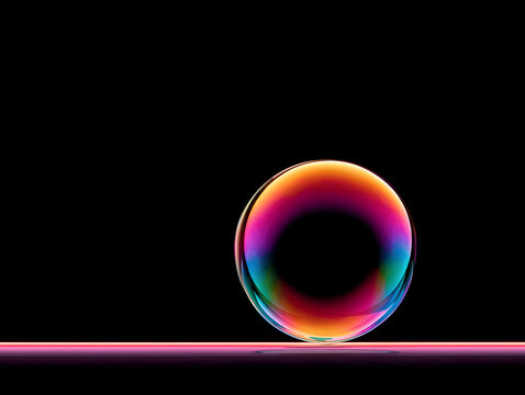 Colorful soap bubble resting on a reflective surface against a black background