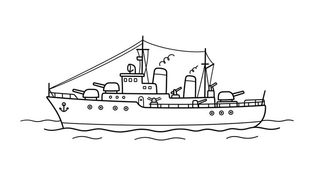 Cute Simple Warship Line Art Black and White Illustration