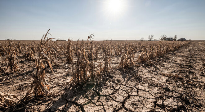 Drought-affected cornfield with dry soil and sun overhead in rural landscape