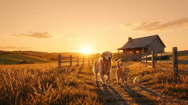 Golden retriever and cat walking near farmhouse at sunset in rural landscape