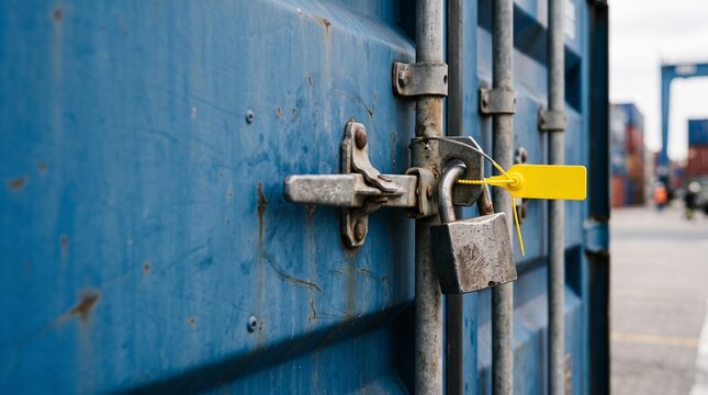 A locked blue cargo shipping container with a yellow plastic security seal