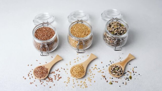 Jars and spoons filled with various seeds on a white background