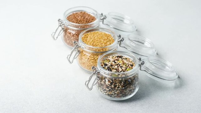 Three glass jars filled with assorted seeds and grains arranged on a light background