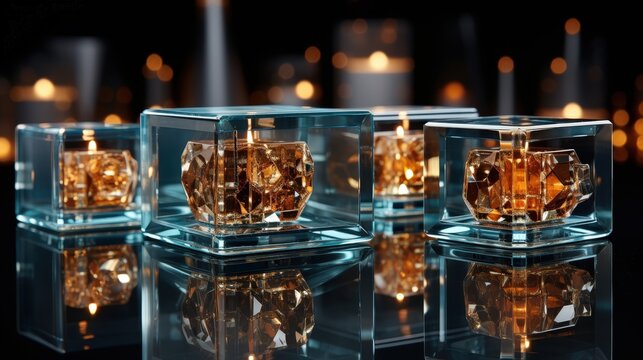 A trio of crystal candle holders illuminate the space, their golden flames casting a warm glow amidst a backdrop of bokeh lights.