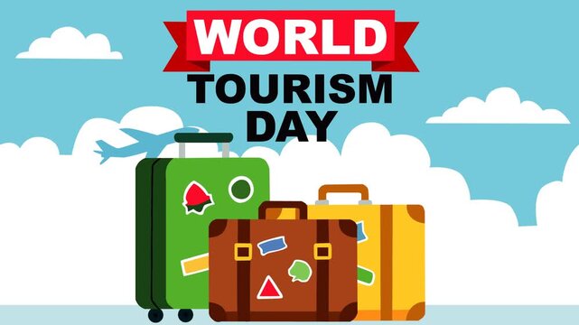 Animated travel concept for World Tourism Day featuring colorful suitcases, airplane silhouette, clouds, and bold typography