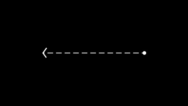 Left arrow direction icon with dotted line animation on black background with alpha channel. straight arrows animation