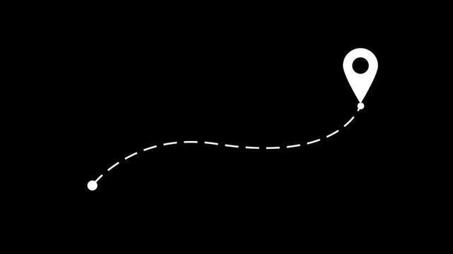 Animated dashed route line leading to map pin location on black background. White navigation path with arrow and destination marker. Minimal travel and map concept.