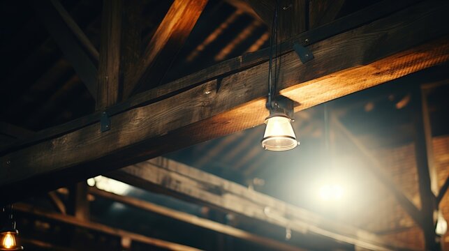 A single lightbulb hangs from a wooden beam, casting a soft glow on the rustic interior
