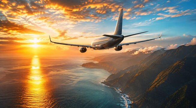 Commercial airplane flying over dramatic mountains and a coastal ocean landscape at sunset with golden hour airplane mountains aircraft landscape