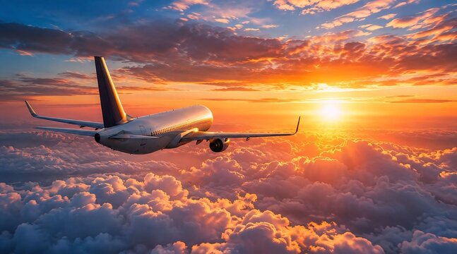 Commercial passenger airplane flying high above fluffy clouds during a breathtaking golden sunset with golden hour business travel airplane