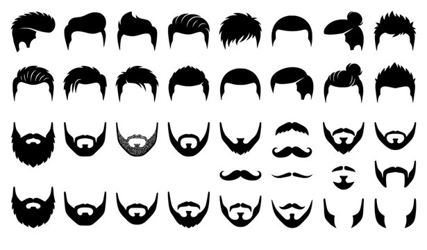 Mens Hairstyles and Beards Elements Collection with Modern Barber Style Silhouette Set
